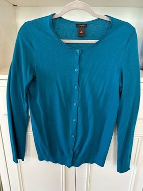 Ann Taylor Teal Crewneck Single-Button Cardigan